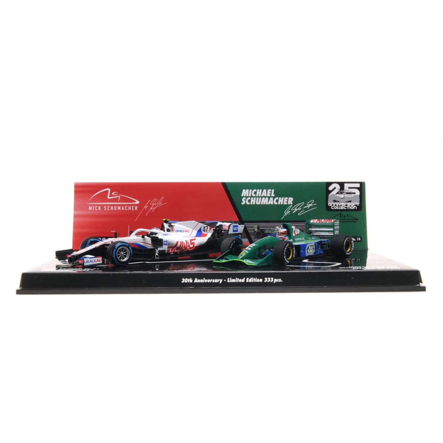 Jordan Ford 191 with Haas VF 21 Michael and Mick Schumacher (30th Anniversary Belgian GP 1991/2021) in Green/White